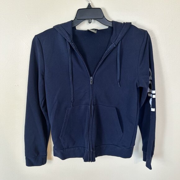 Adidas Navy Blue Zip Up Hoodie Pockets & Logo On Sleeve Large Juniors - Picture 4 of 6